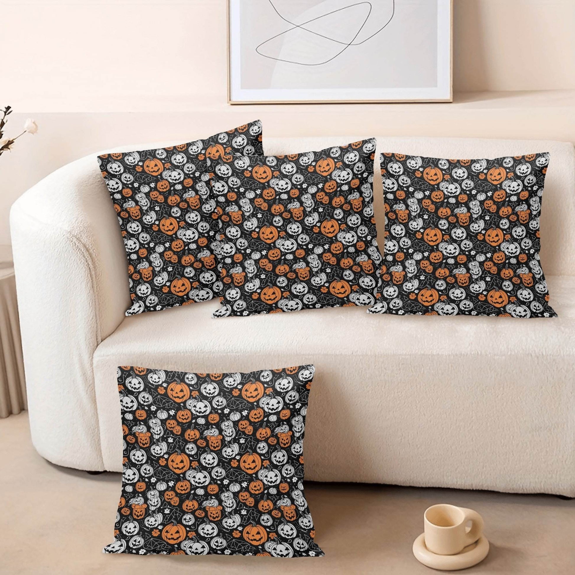 Jack-O-Lanterns Peach Velvet 4 Pcs Square Pillow Case Covers (5 sizes) - DeRose Seasonal