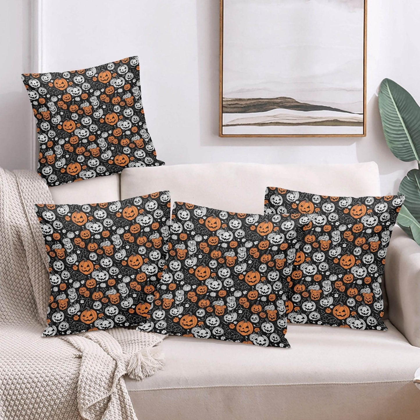 Jack-O-Lanterns Peach Velvet 4 Pcs Square Pillow Case Covers (5 sizes) - DeRose Seasonal