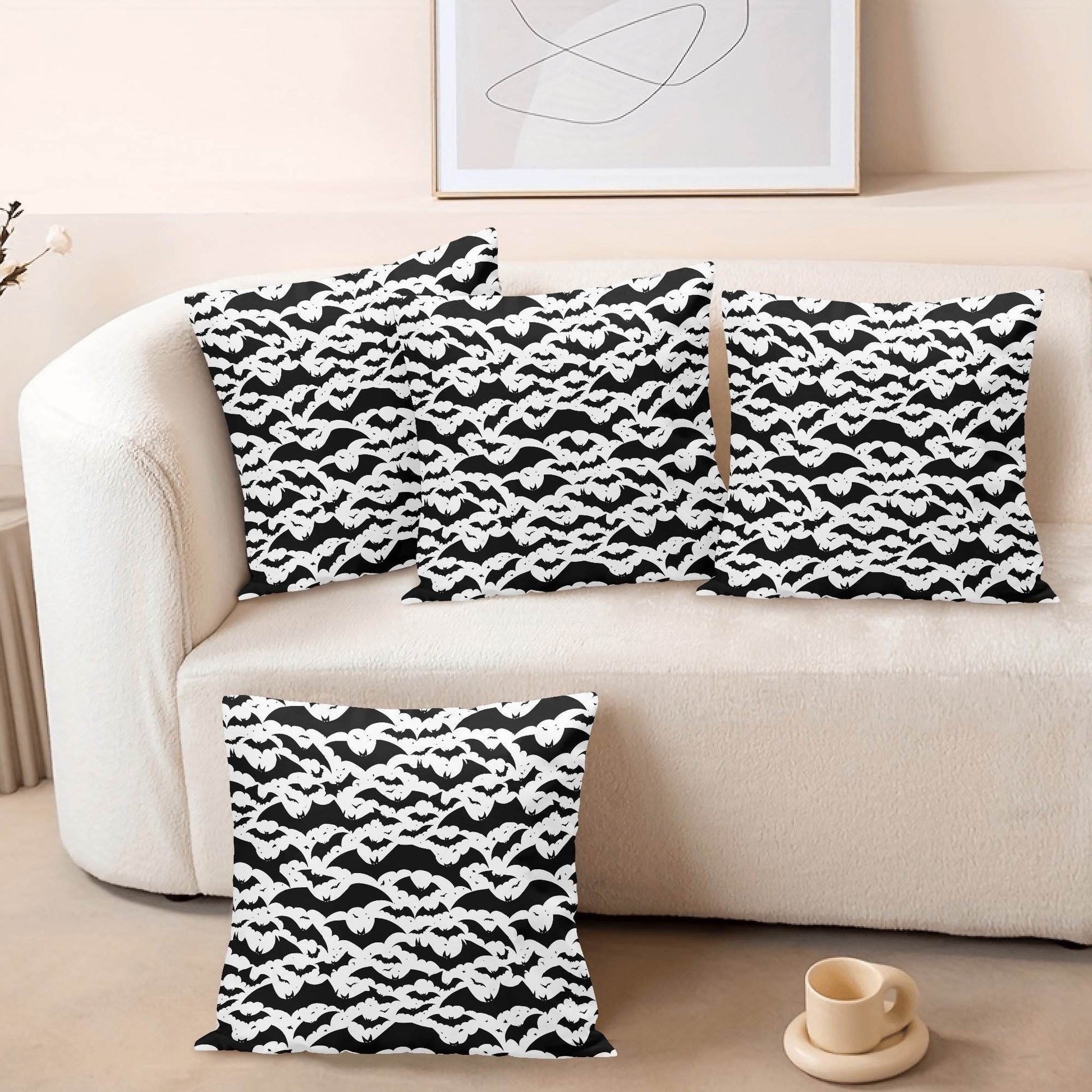 Black and White Bats Peach Velvet 4 Pcs Square Pillow Case Covers (5 sizes) - DeRose Seasonal