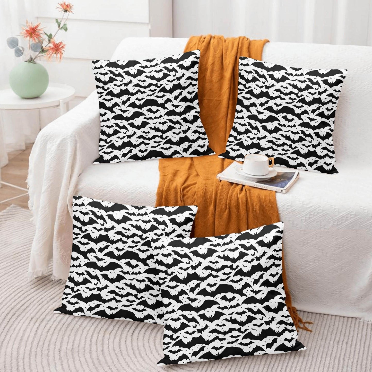 Black and White Bats Peach Velvet 4 Pcs Square Pillow Case Covers (5 sizes) - DeRose Seasonal