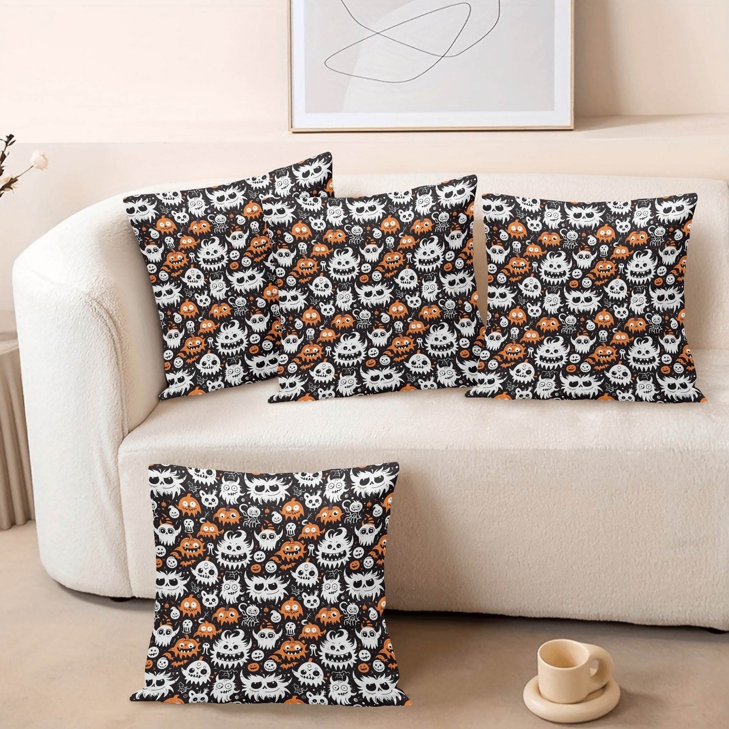Cute Monsters Peach Velvet 4 Pcs Square Pillow Case Covers (5 sizes) - DeRose Seasonal