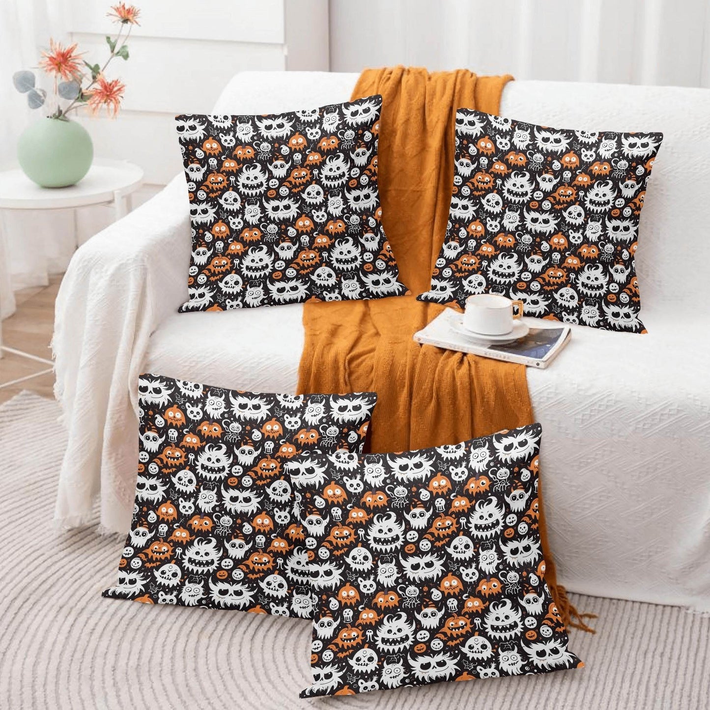 Cute Monsters Peach Velvet 4 Pcs Square Pillow Case Covers (5 sizes) - DeRose Seasonal