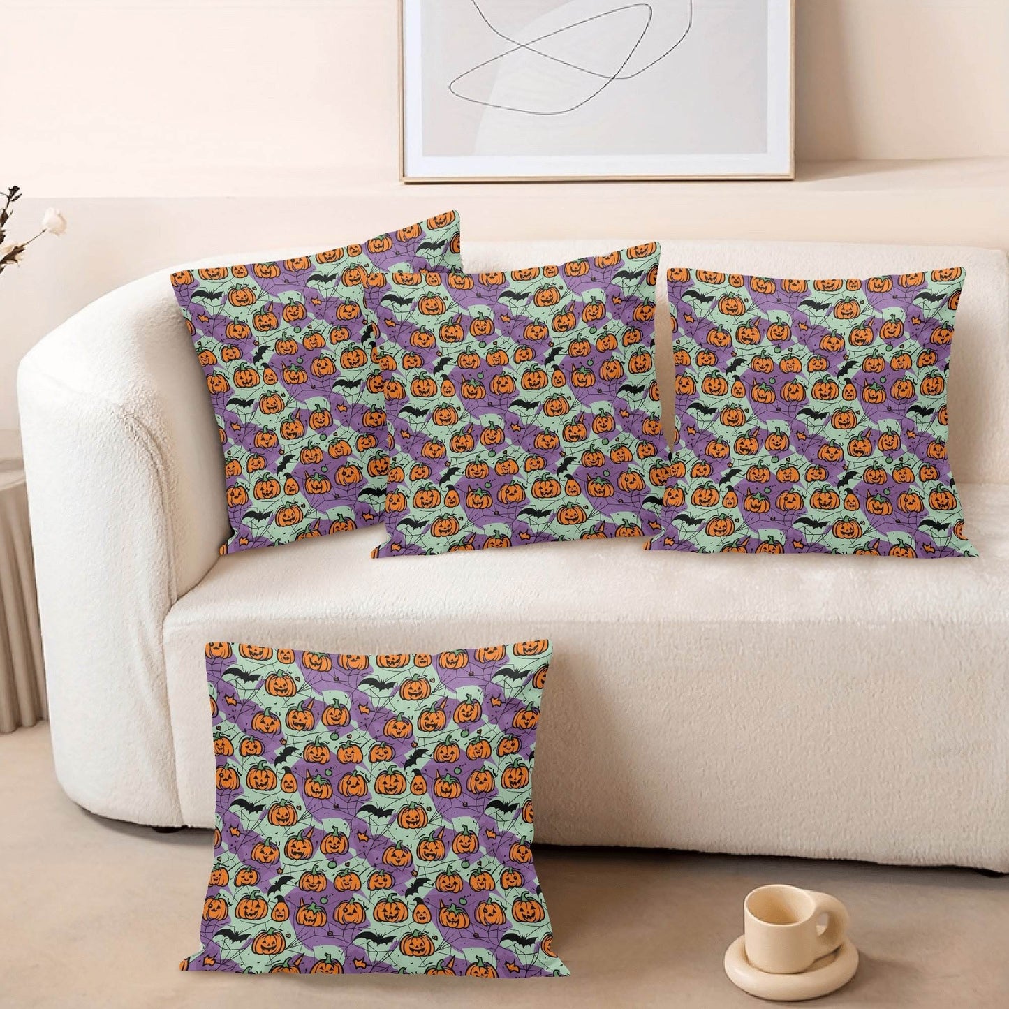Green and Purple Pumpkins Peach Velvet 4 Pcs Square Pillow Case Covers (5 sizes) - DeRose Seasonal