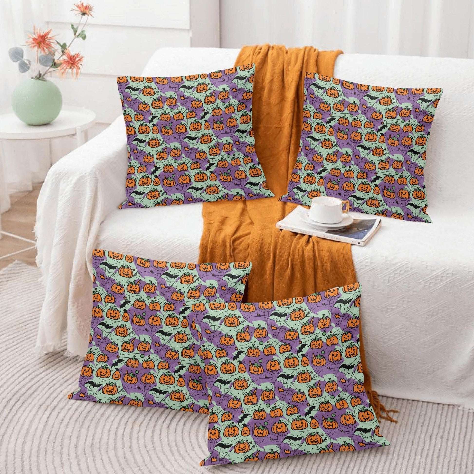 Green and Purple Pumpkins Peach Velvet 4 Pcs Square Pillow Case Covers (5 sizes) - DeRose Seasonal