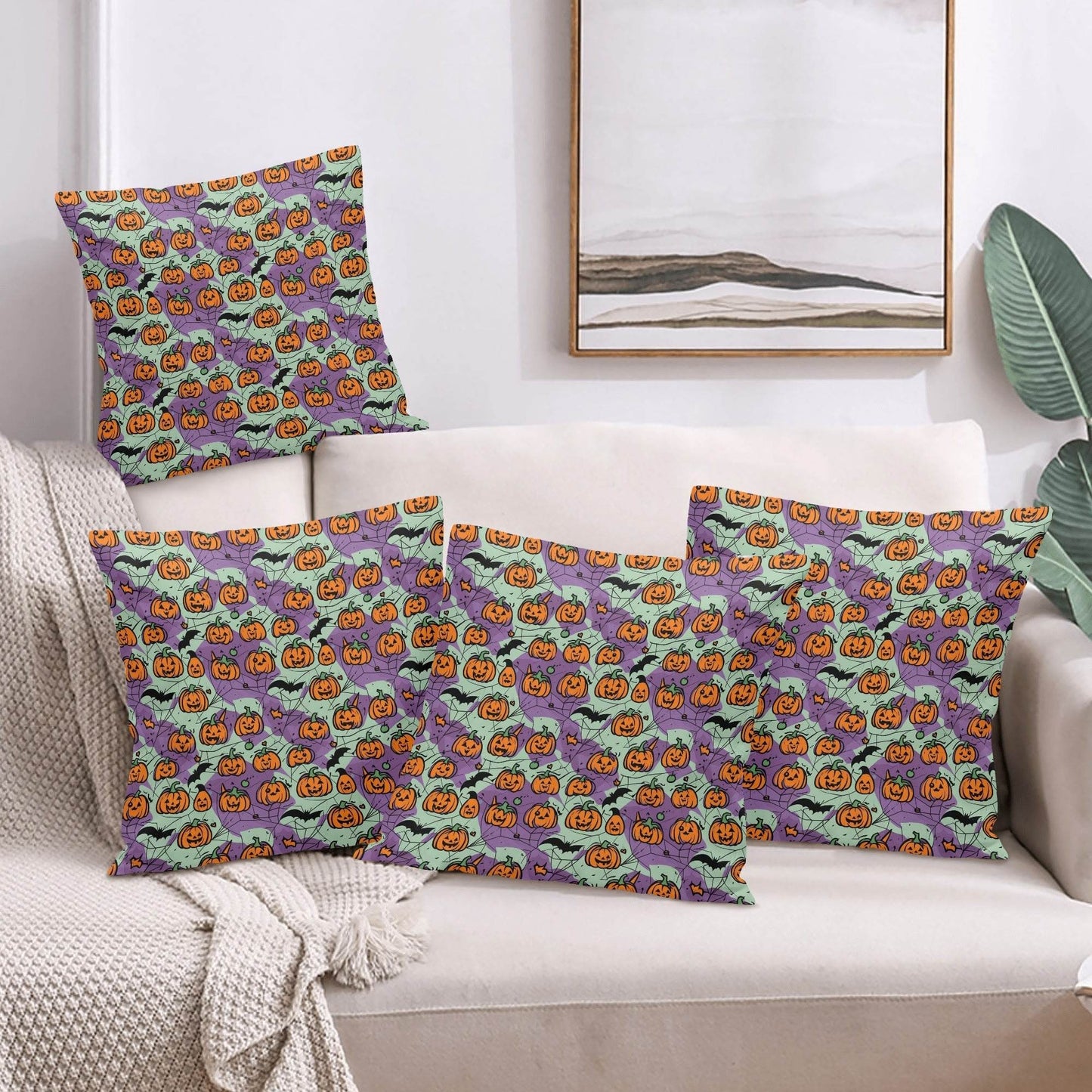 Green and Purple Pumpkins Peach Velvet 4 Pcs Square Pillow Case Covers (5 sizes) - DeRose Seasonal