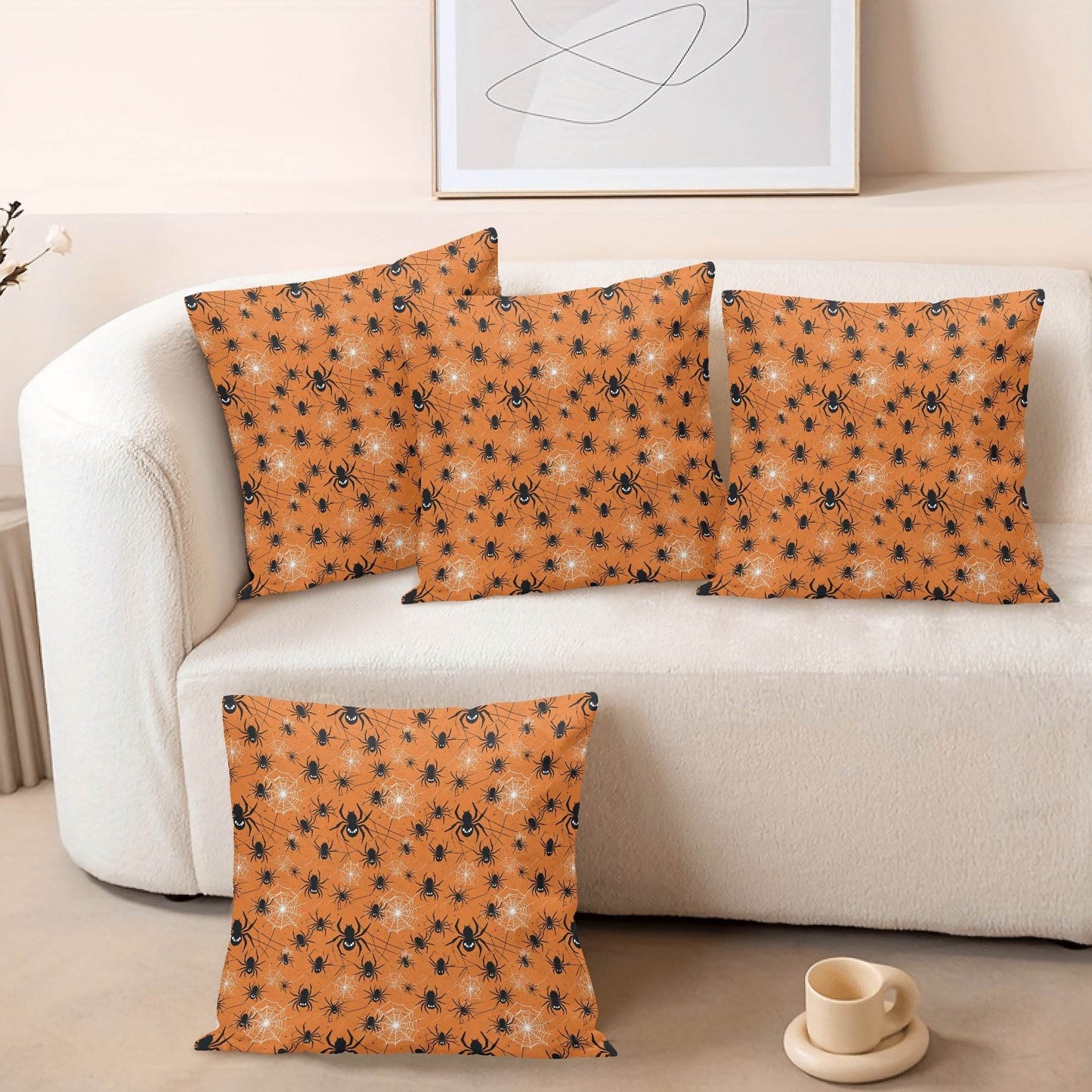 Cute Orange Spiders Peach Velvet 4 Pcs Square Pillow Case Covers (5 sizes) - DeRose Seasonal
