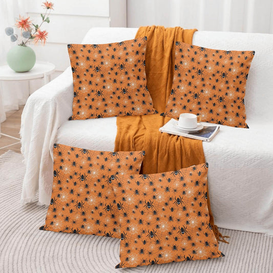 Cute Orange Spiders Peach Velvet 4 Pcs Square Pillow Case Covers (5 sizes) - DeRose Seasonal