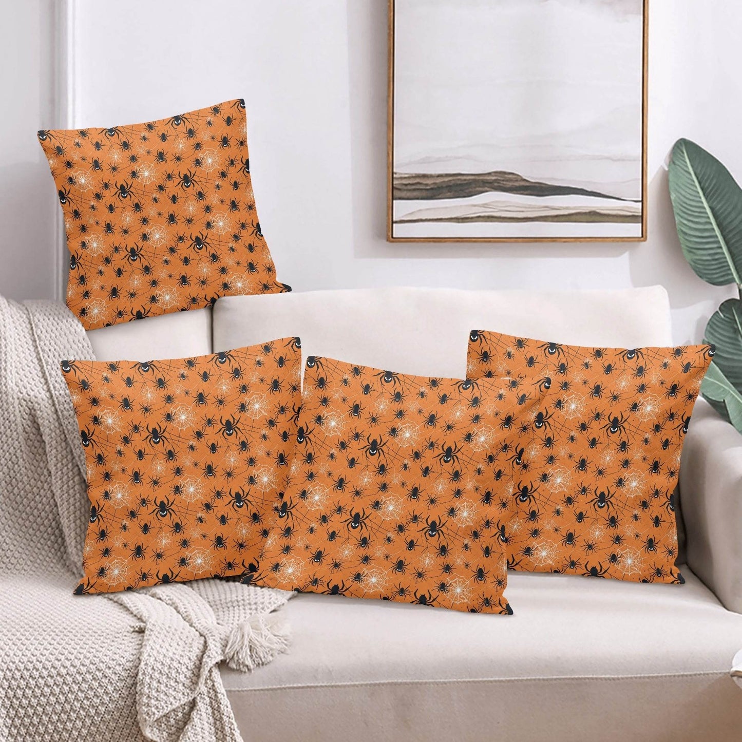 Cute Orange Spiders Peach Velvet 4 Pcs Square Pillow Case Covers (5 sizes) - DeRose Seasonal