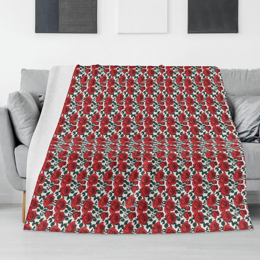 Red Leafy Roses Horizontal Flannel Breathable Blanket 4 Sizes - DeRose Seasonal