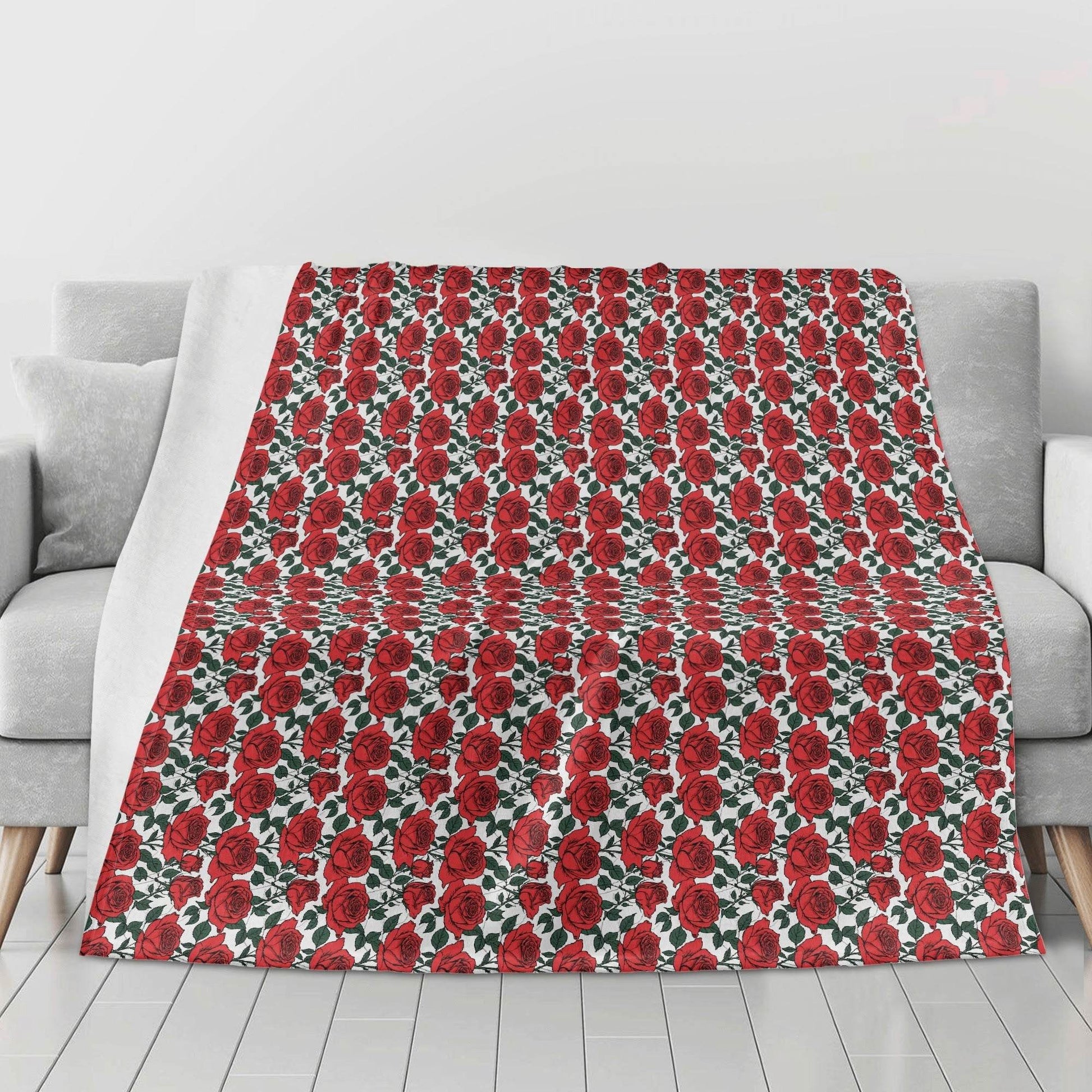 Red Leafy Roses Horizontal Flannel Breathable Blanket 4 Sizes - DeRose Seasonal