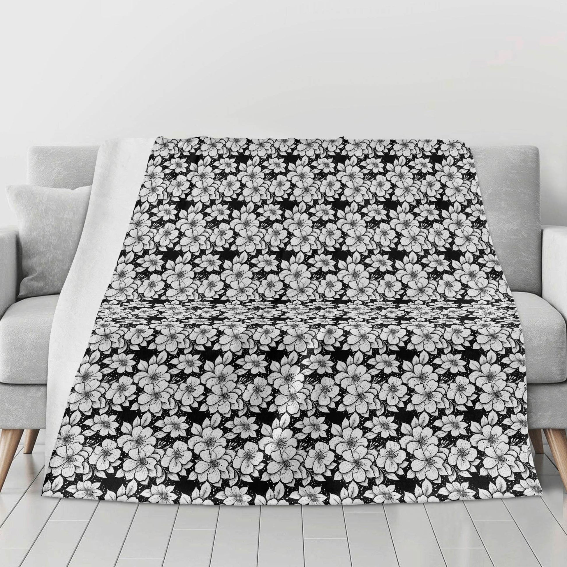 Black and White Floral Horizontal Flannel Breathable Blanket 4 Sizes - DeRose Seasonal