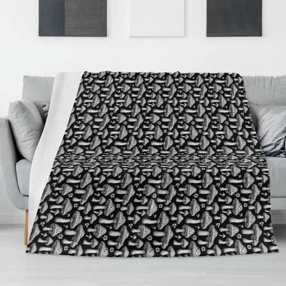 Black and White Mushroom Horizontal Flannel Breathable Blanket 4 Sizes - DeRose Seasonal