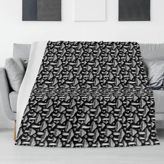 Black and White Mushroom Horizontal Flannel Breathable Blanket 4 Sizes - DeRose Seasonal
