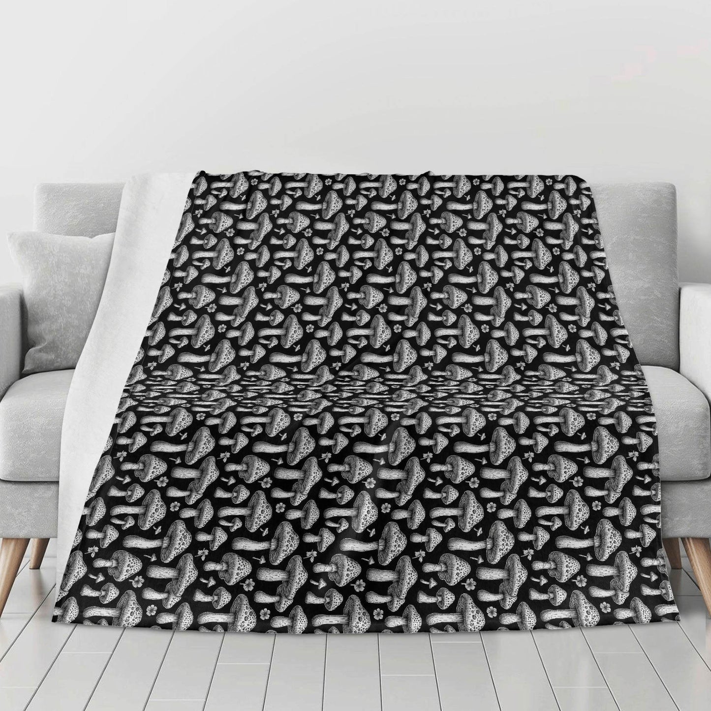 Black and White Mushroom Horizontal Flannel Breathable Blanket 4 Sizes - DeRose Seasonal