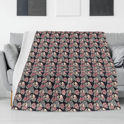 Skull and Pink Rose Horizontal Flannel Breathable Blanket 4 Sizes - DeRose Seasonal