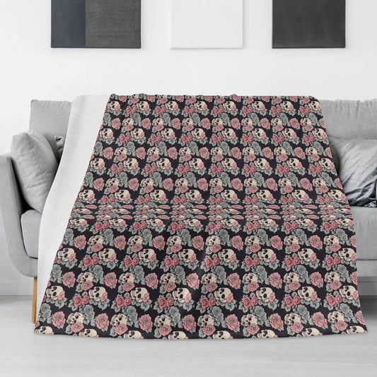 Skull and Pink Rose Horizontal Flannel Breathable Blanket 4 Sizes - DeRose Seasonal
