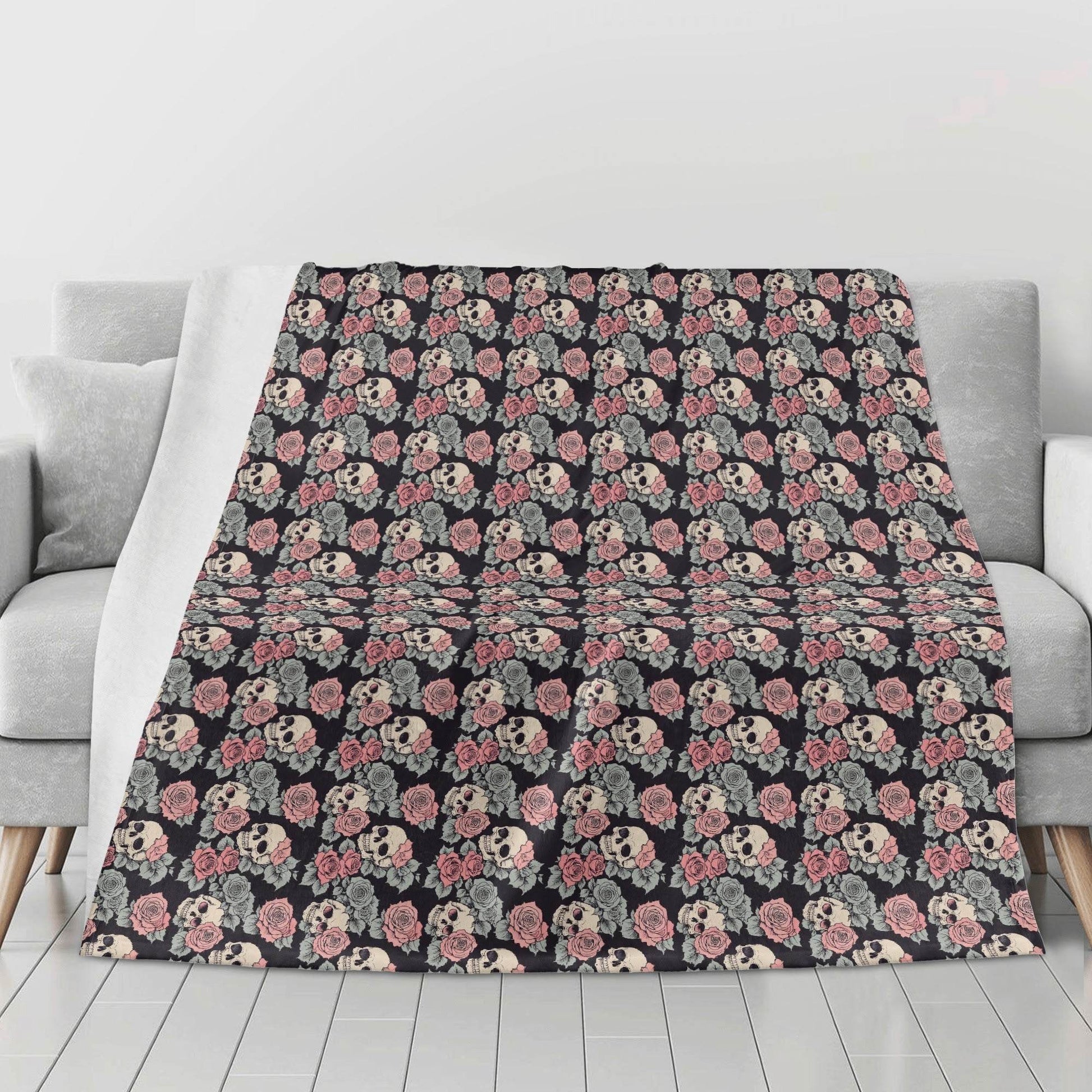 Skull and Pink Rose Horizontal Flannel Breathable Blanket 4 Sizes - DeRose Seasonal