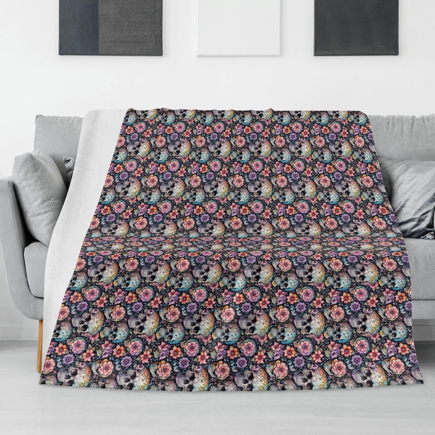 Pastel Floral and Skulls Horizontal Flannel Breathable Blanket 4 Sizes - DeRose Seasonal