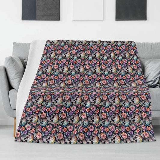 Pastel Floral and Skulls Horizontal Flannel Breathable Blanket 4 Sizes - DeRose Seasonal