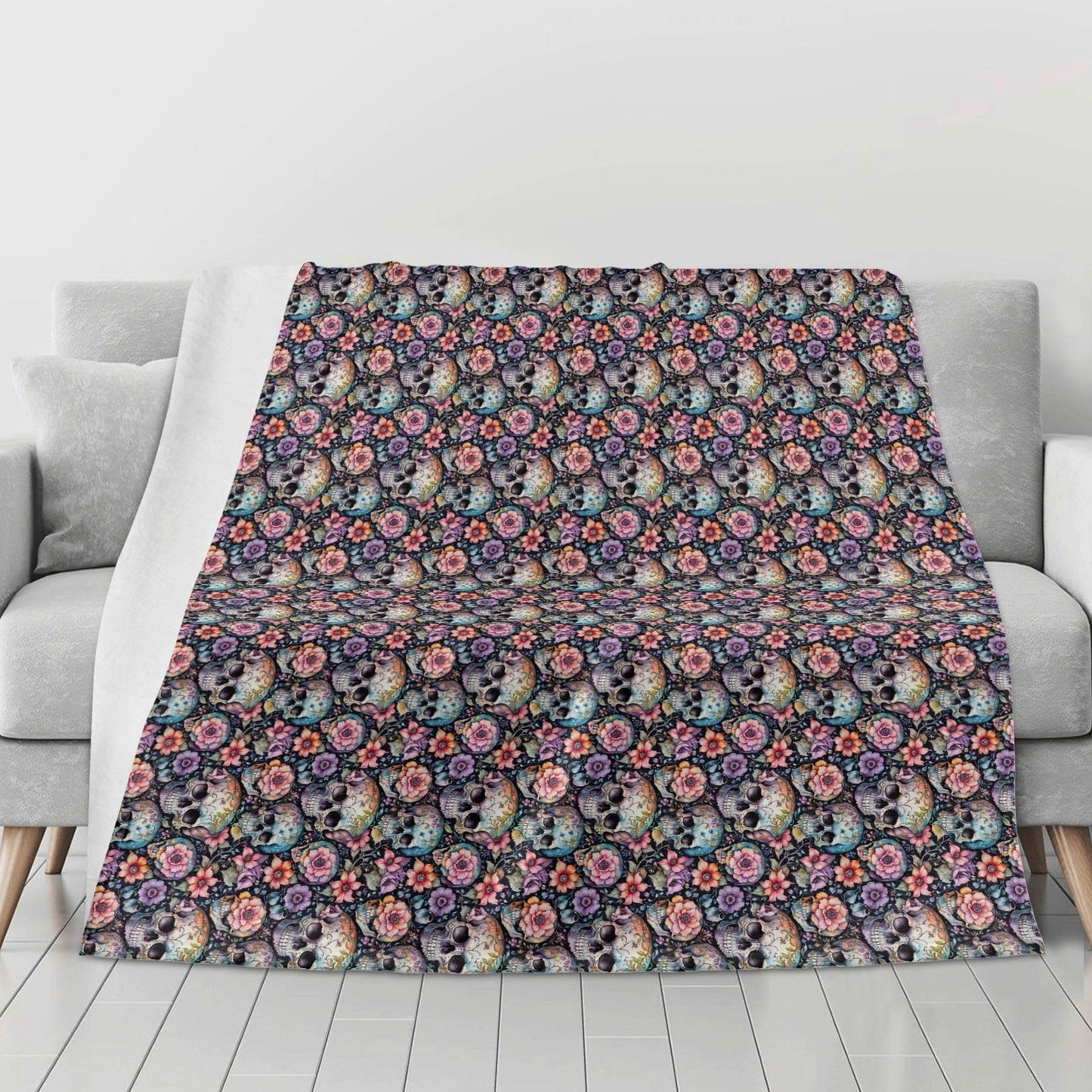 Pastel Floral and Skulls Horizontal Flannel Breathable Blanket 4 Sizes - DeRose Seasonal
