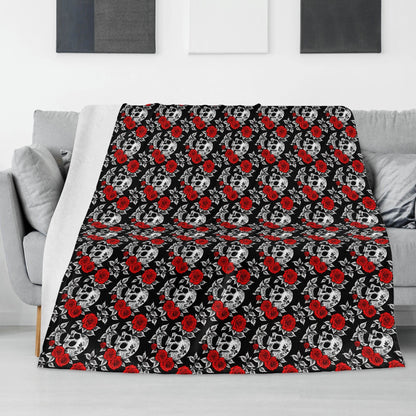 Red Skull Rose Horizontal Flannel Breathable Blanket 4 Sizes - DeRose Seasonal