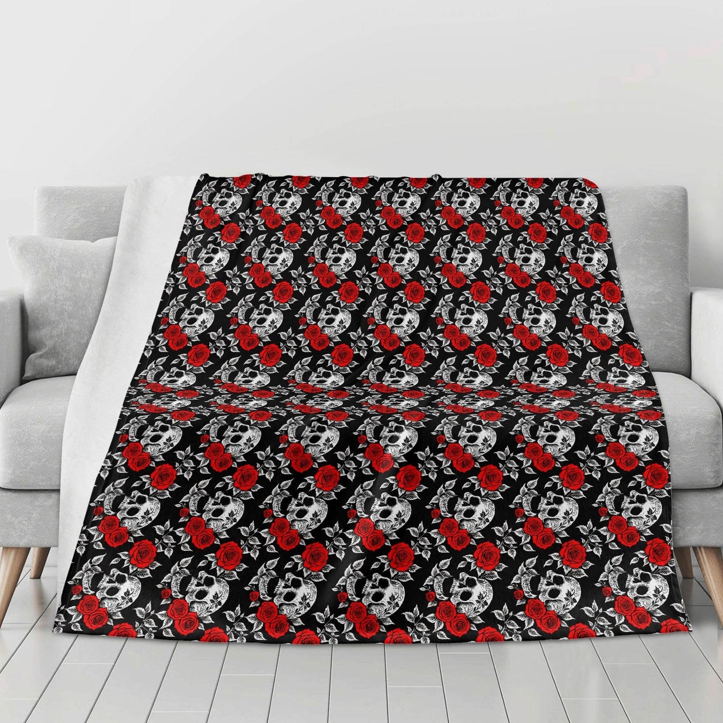Red Skull Rose Horizontal Flannel Breathable Blanket 4 Sizes - DeRose Seasonal