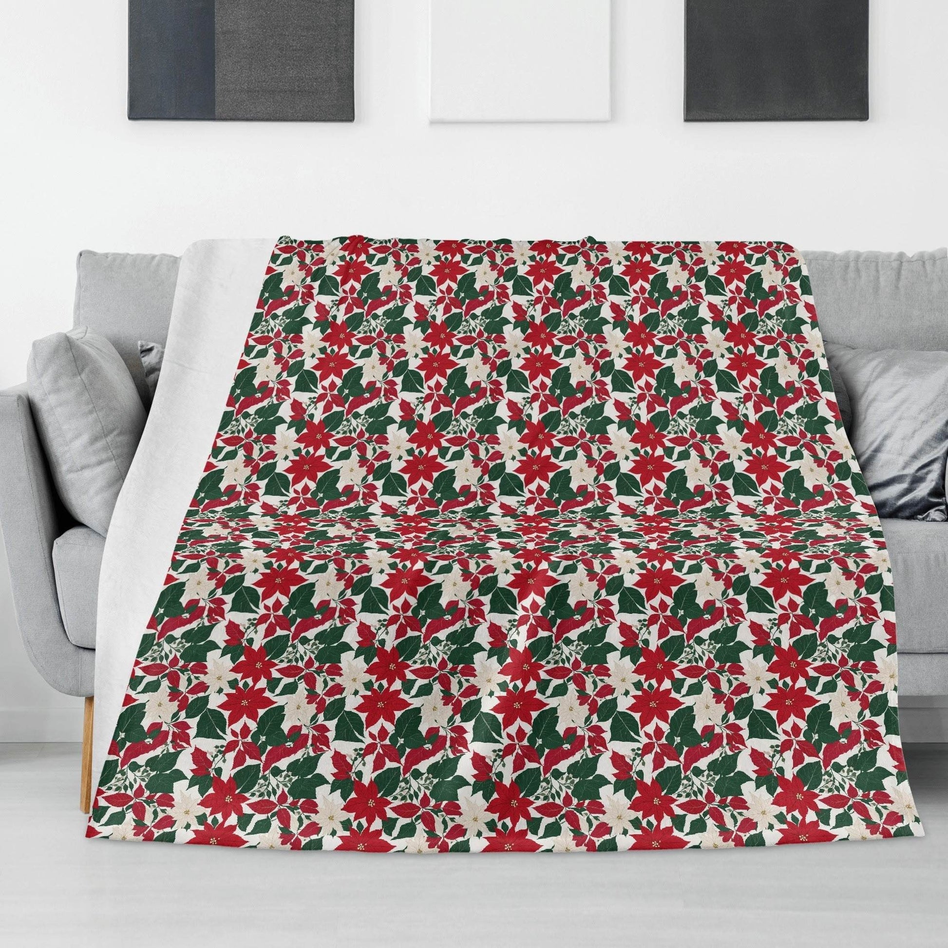 Red and White Poinsettia Horizontal Flannel Breathable Blanket 4 Sizes - DeRose Seasonal