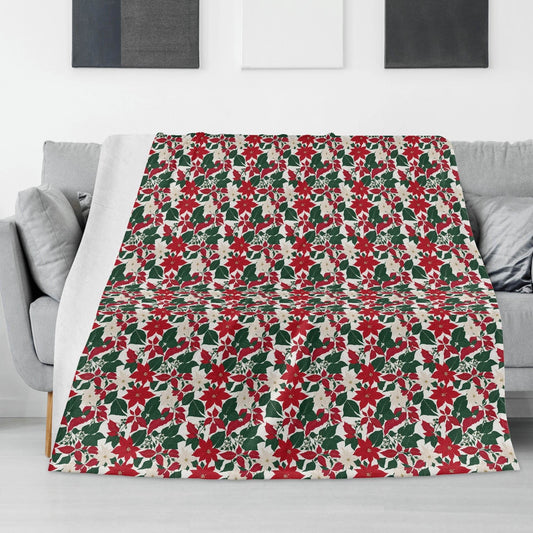 Red and White Poinsettia Horizontal Flannel Breathable Blanket 4 Sizes - DeRose Seasonal