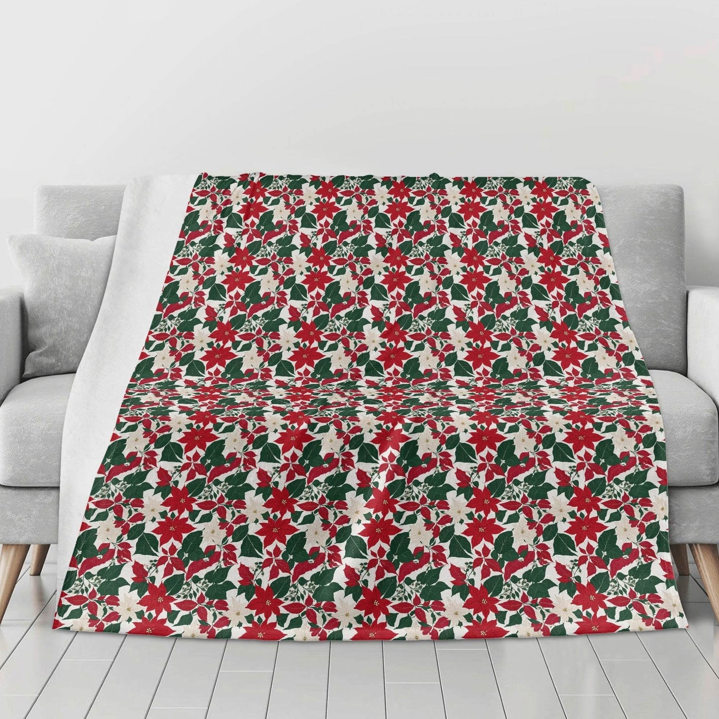 Red and White Poinsettia Horizontal Flannel Breathable Blanket 4 Sizes - DeRose Seasonal