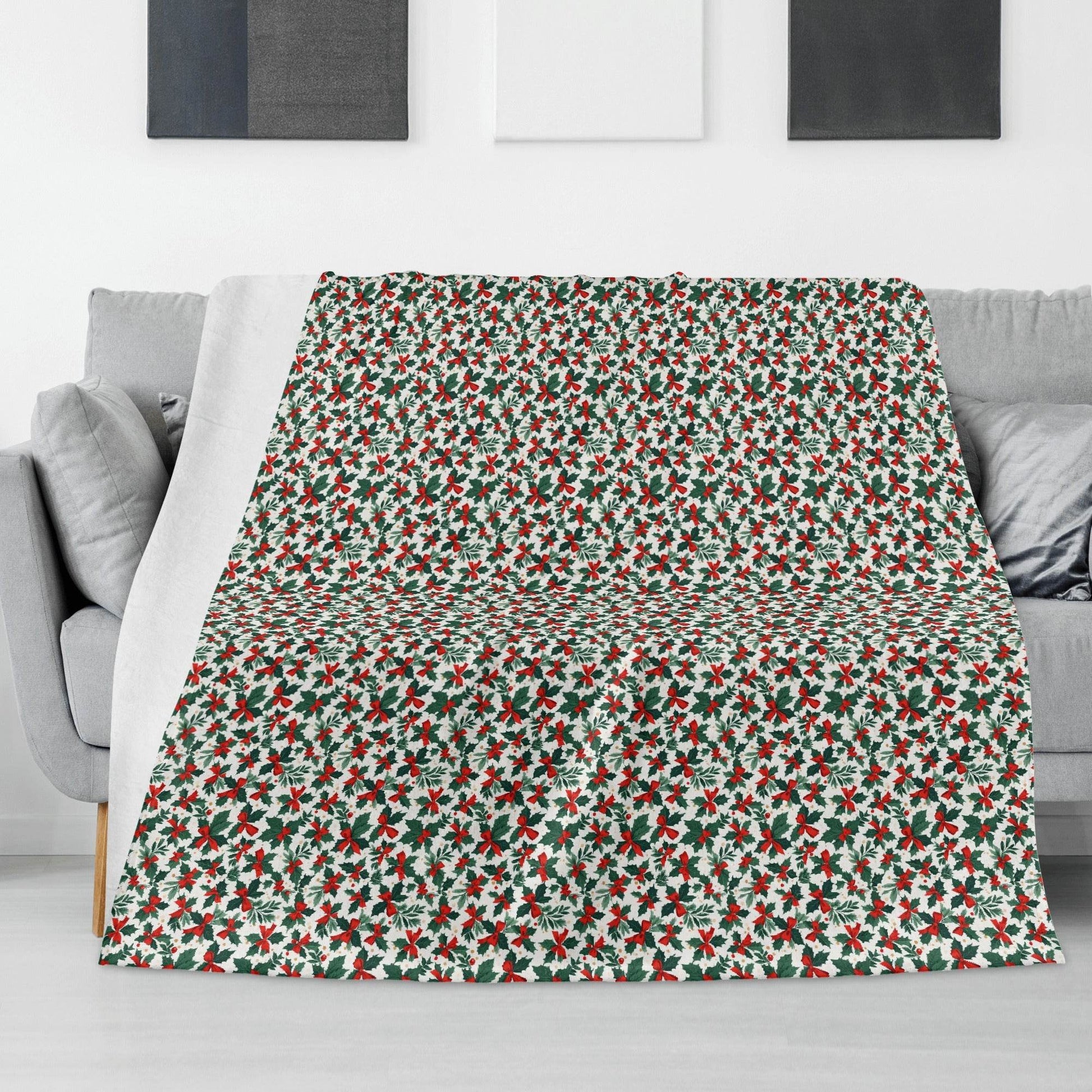 Holly Bows Horizontal Flannel Breathable Blanket 4 Sizes - DeRose Seasonal