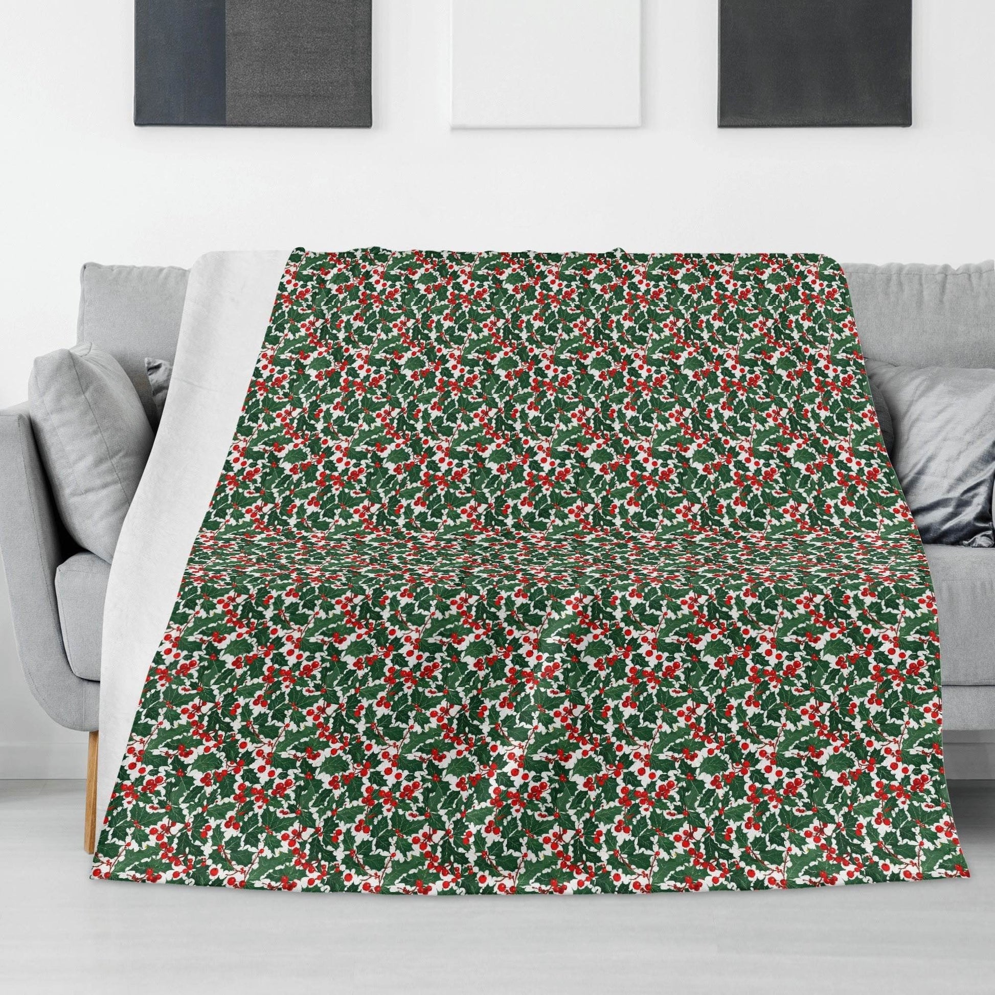 Christmas Holly Horizontal Flannel Breathable Blanket 4 Sizes - DeRose Seasonal