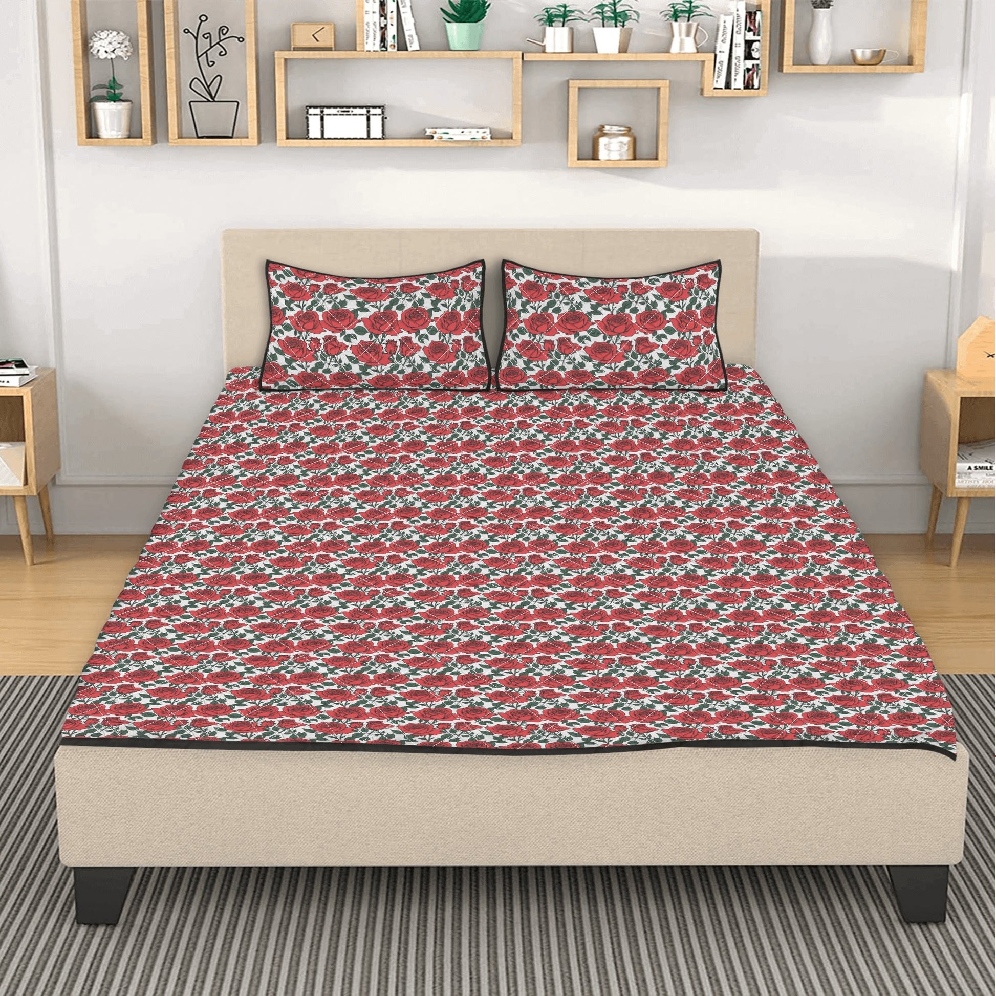 Red Leafy Roses Quilt Bedding Set - DeRose Seasonal