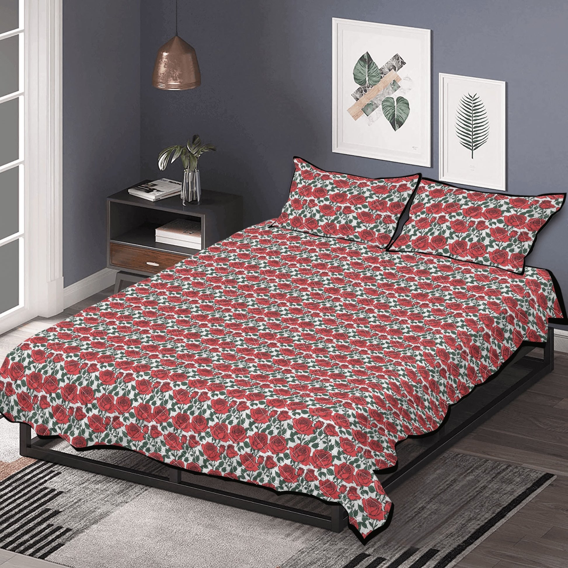 Red Leafy Roses Quilt Bedding Set - DeRose Seasonal