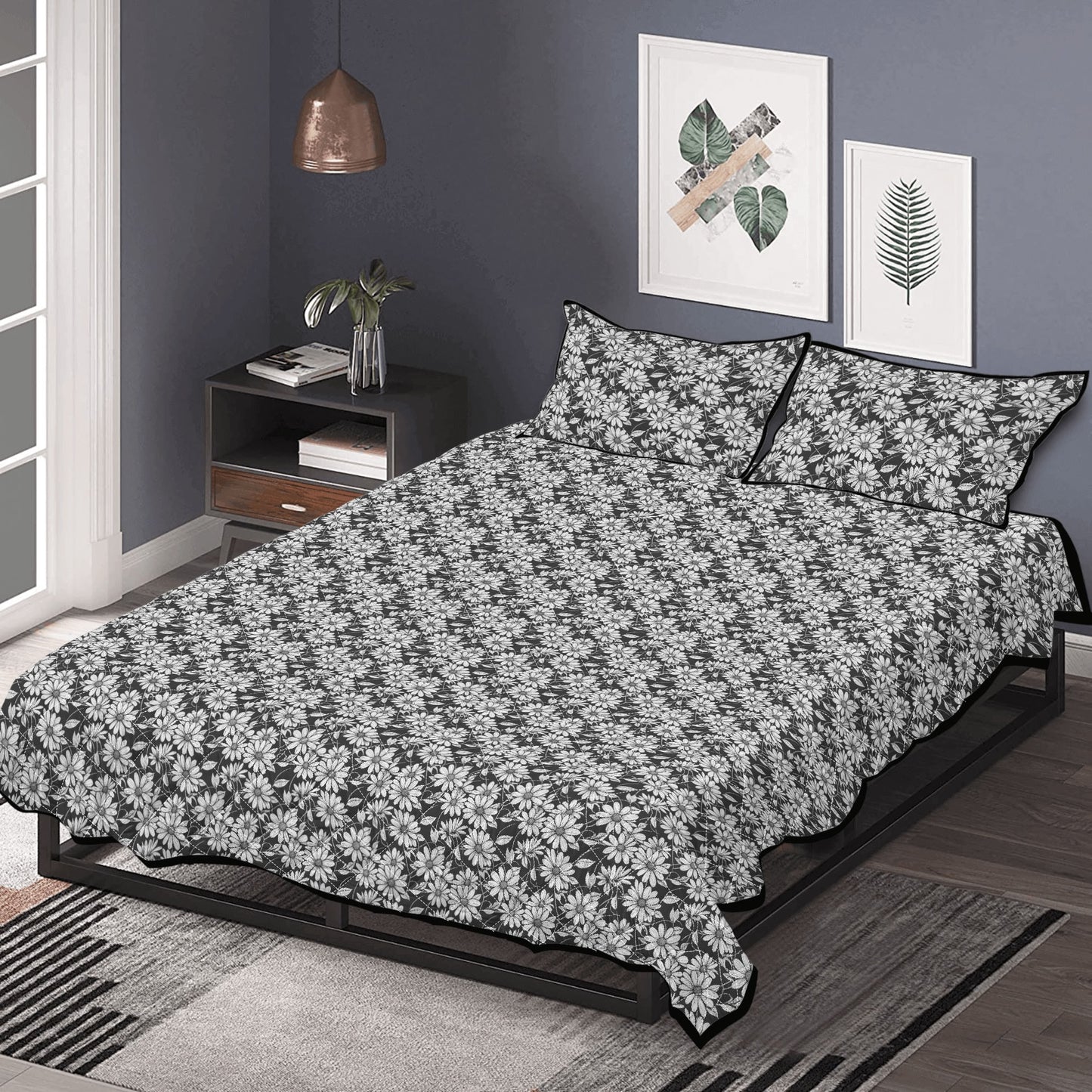Black and White Daisys Quilt Bedding Set - DeRose Seasonal