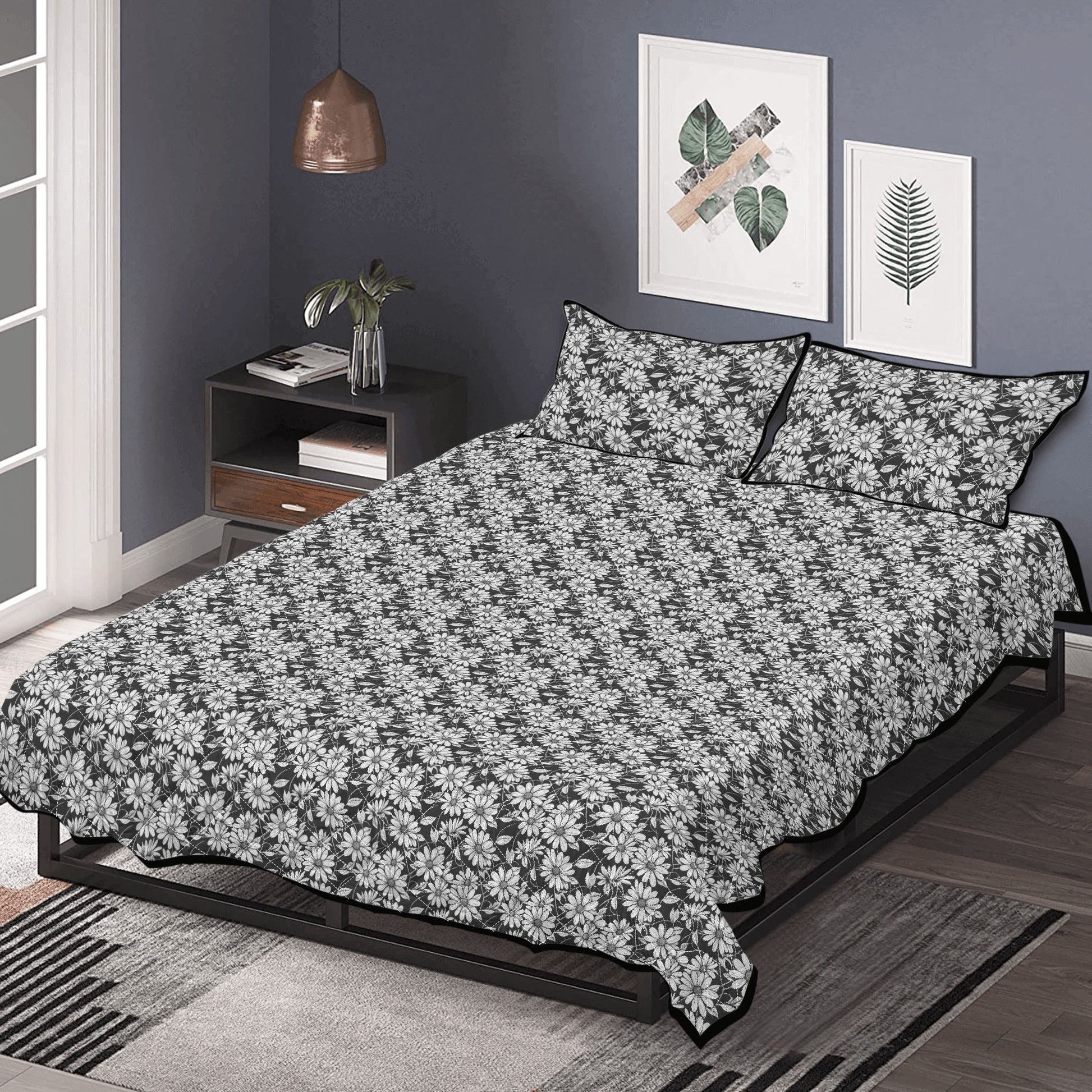 Black and White Daisys Quilt Bedding Set - DeRose Seasonal