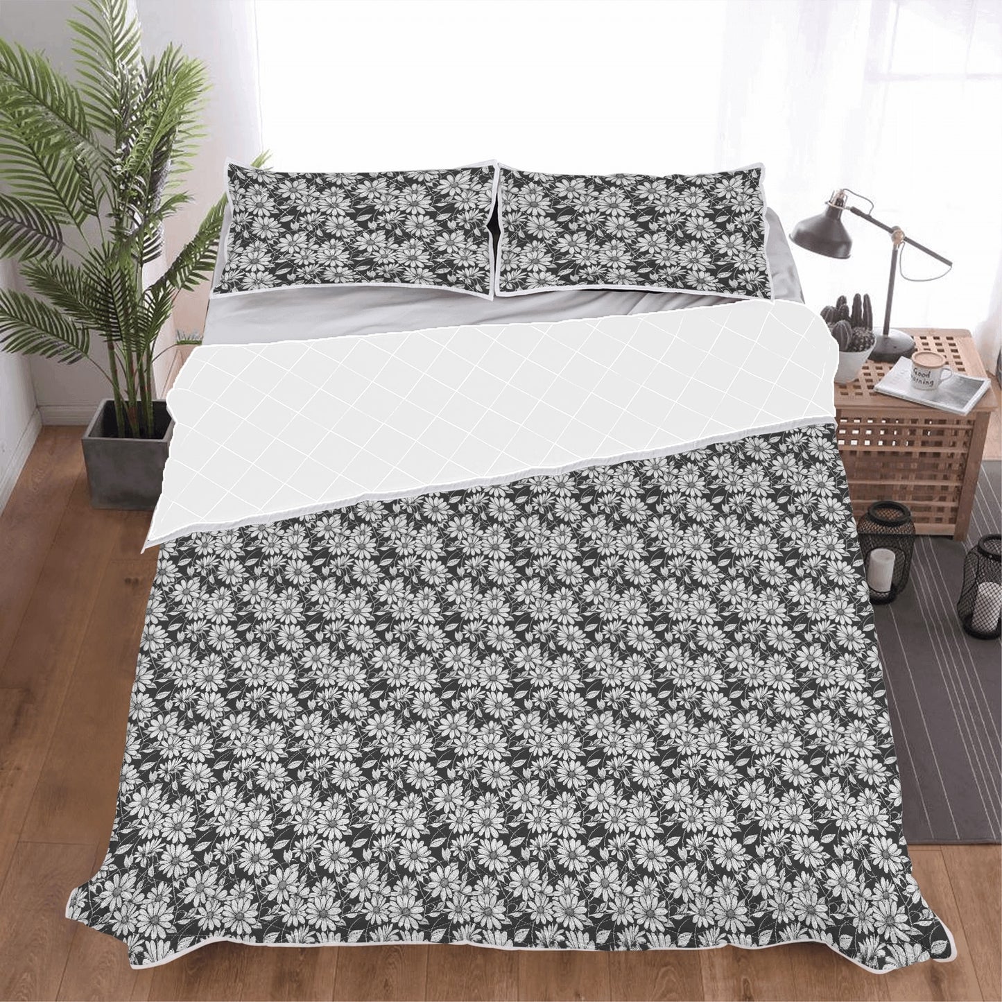 Black and White Daisys Quilt Bedding Set - DeRose Seasonal