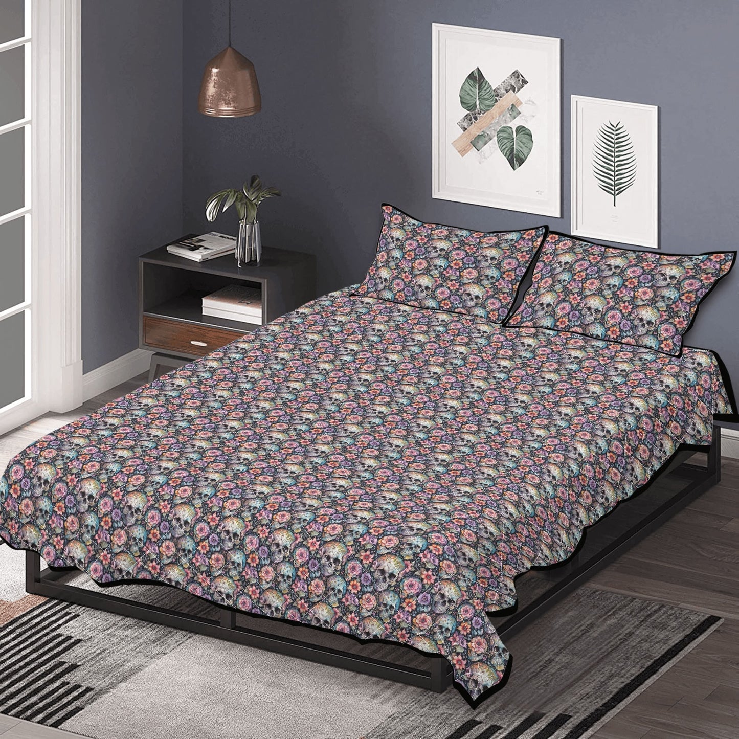 Pastel Floral and Skulls Quilt Bedding Set - DeRose Seasonal