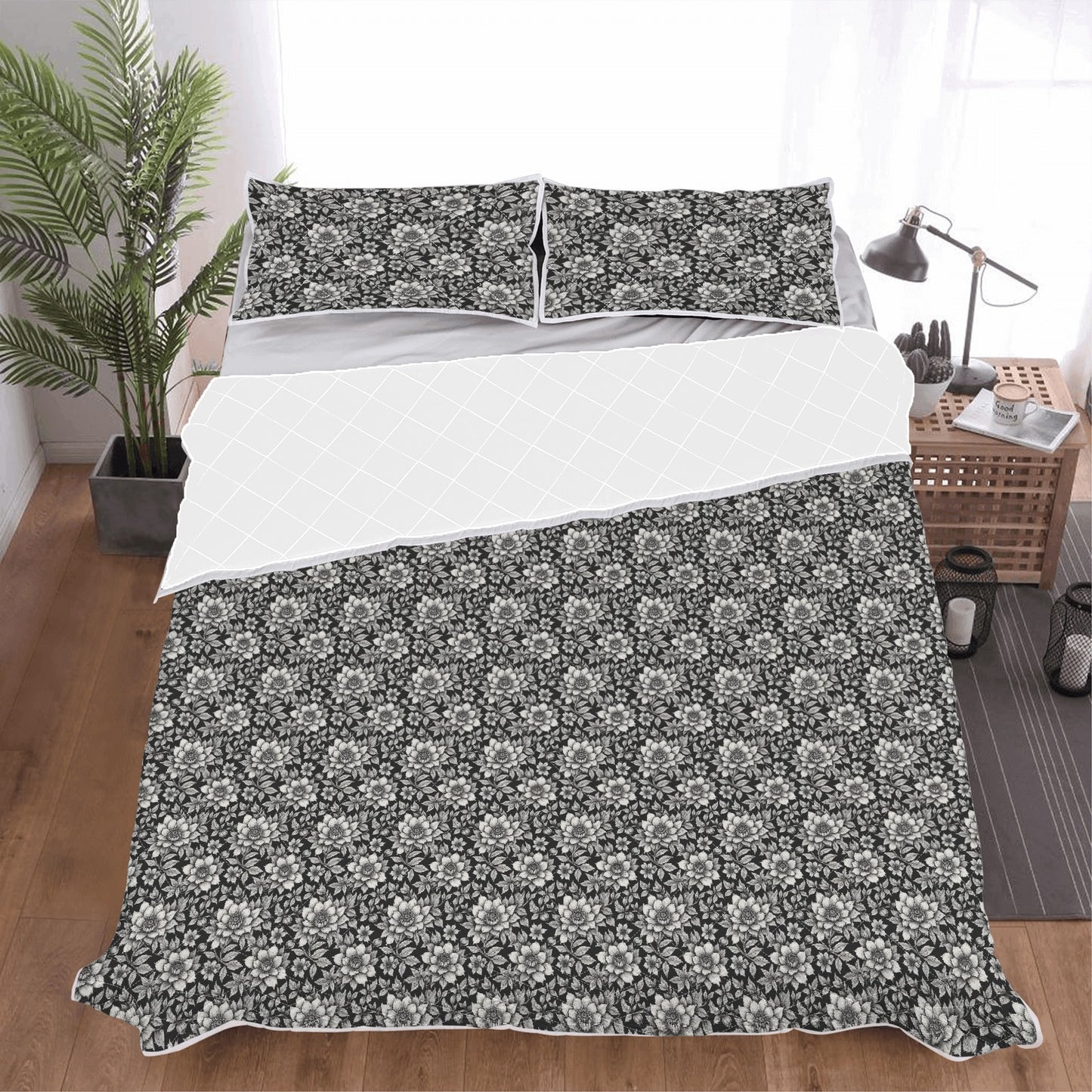 Black and White Bloom Quilt Bedding Set - DeRose Seasonal