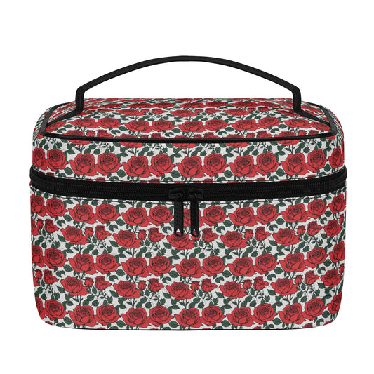 Red Leafy Roses Leather Cosmetic Bag