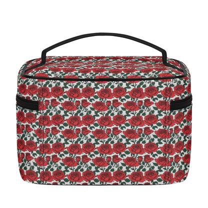 Red Leafy Roses Leather Cosmetic Bag