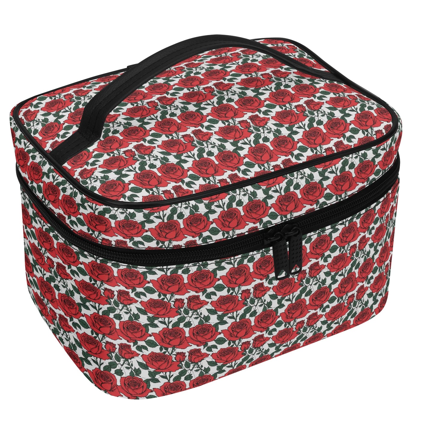 Red Leafy Roses Leather Cosmetic Bag