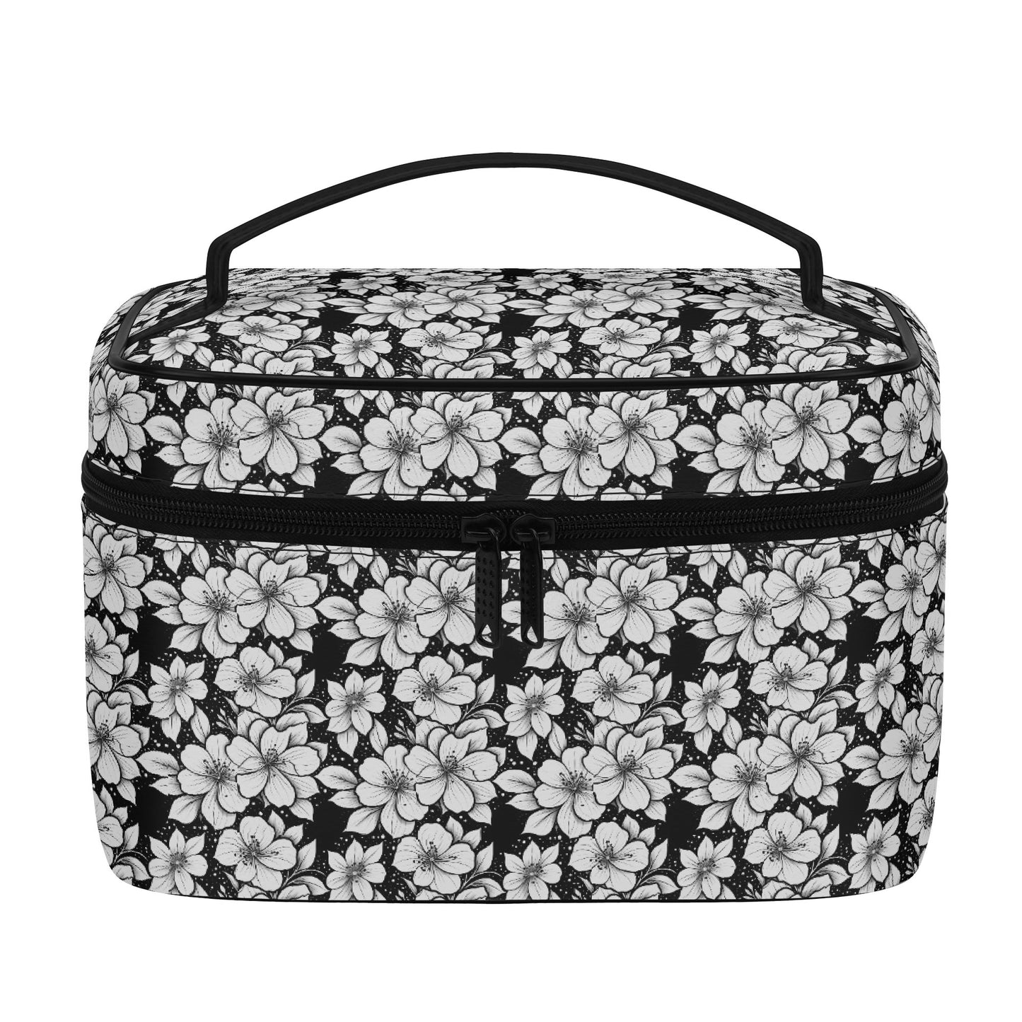 Black and White Floral Leather Cosmetic Bag