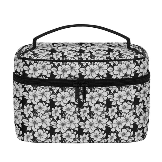 Black and White Floral Leather Cosmetic Bag