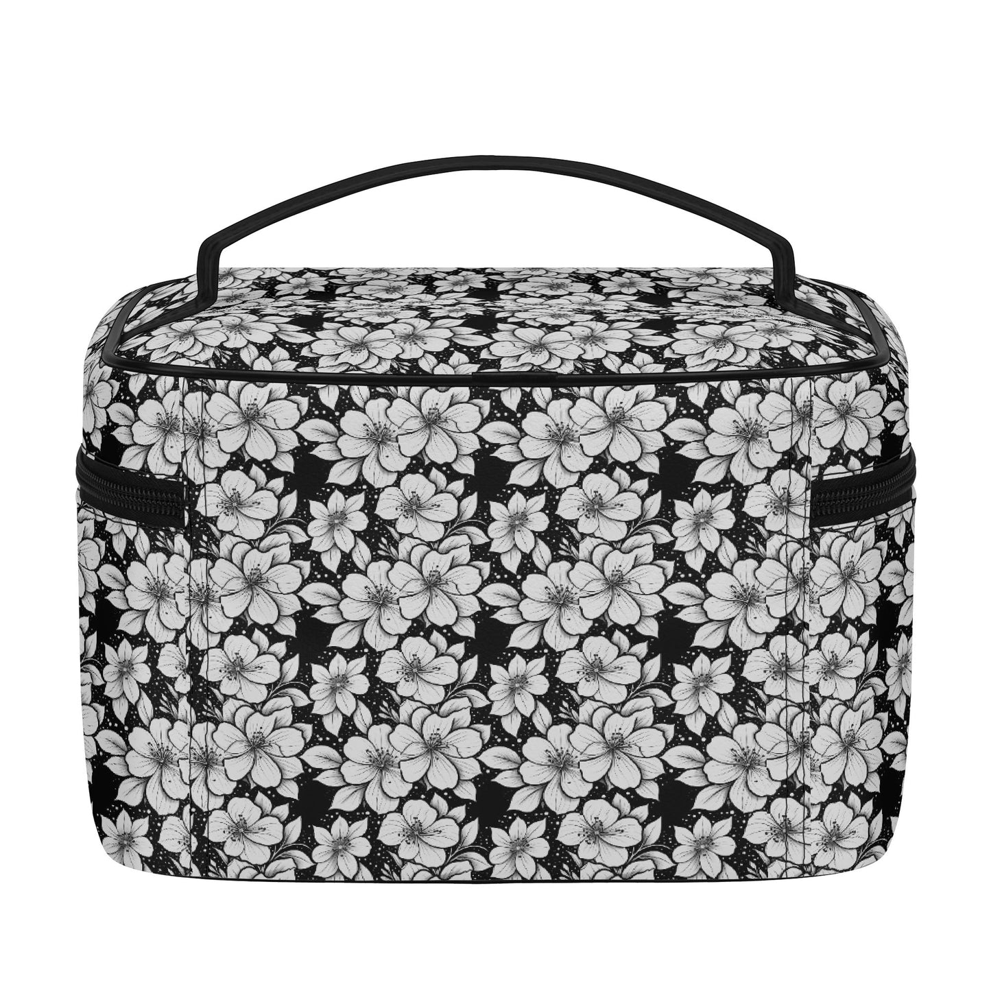 Black and White Floral Leather Cosmetic Bag