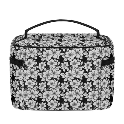 Black and White Floral Leather Cosmetic Bag