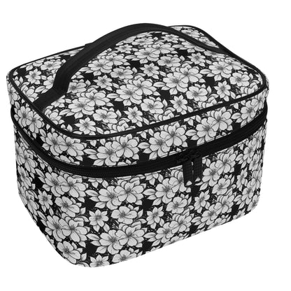 Black and White Floral Leather Cosmetic Bag