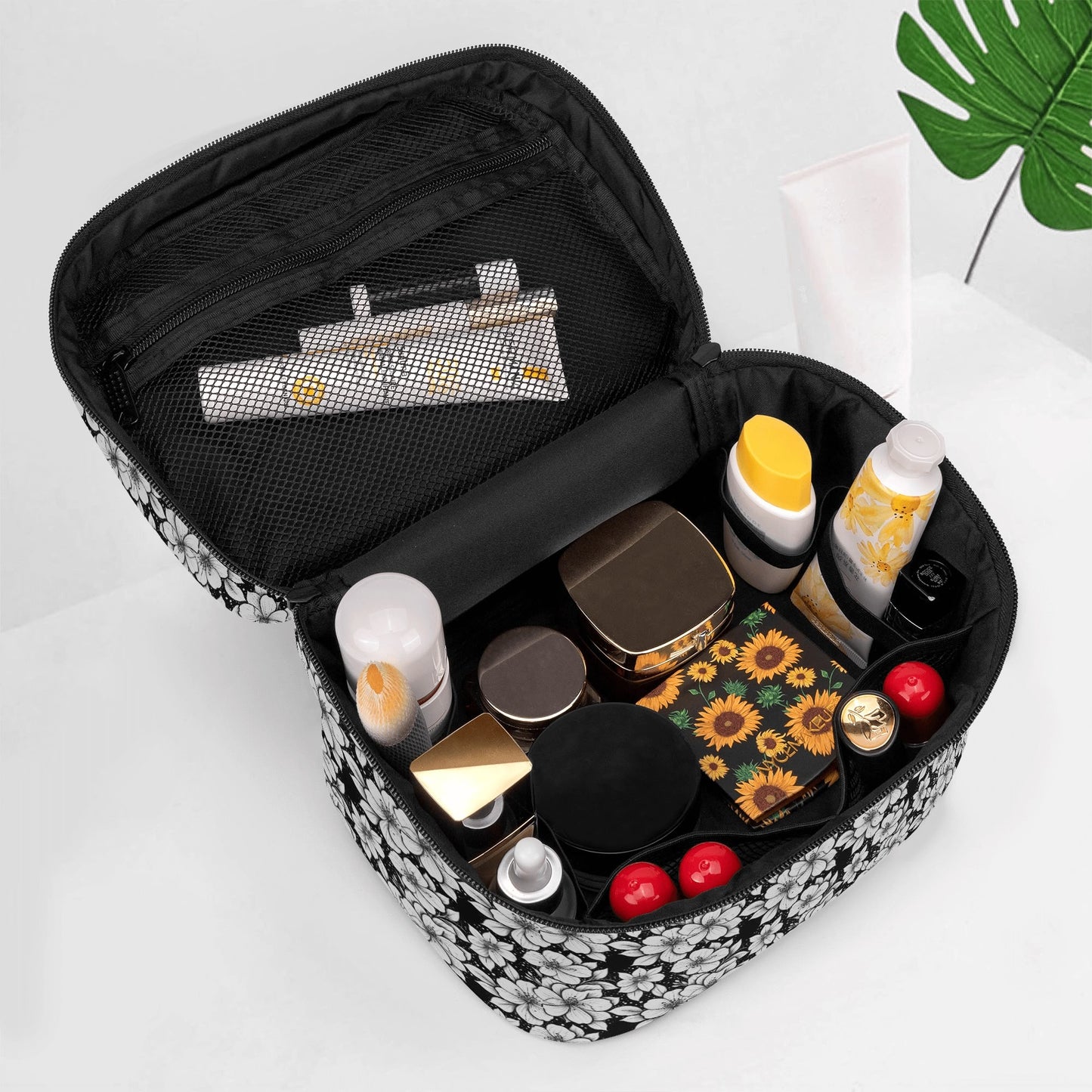 Black and White Floral Leather Cosmetic Bag