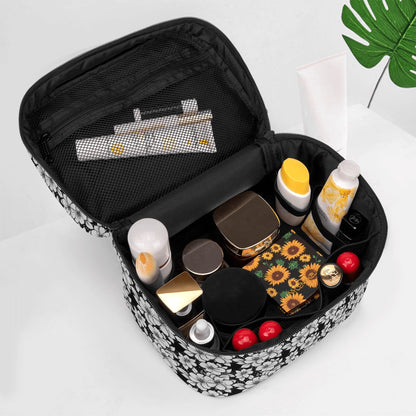 Black and White Floral Leather Cosmetic Bag