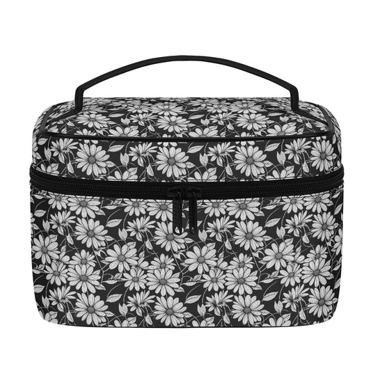 Black and White Daisys Leather Cosmetic Bag