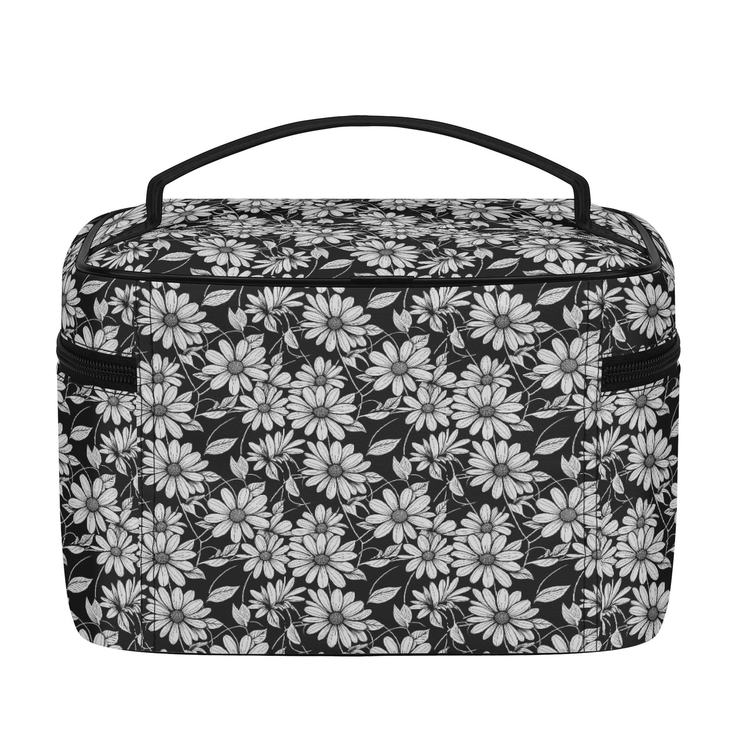 Black and White Daisys Leather Cosmetic Bag